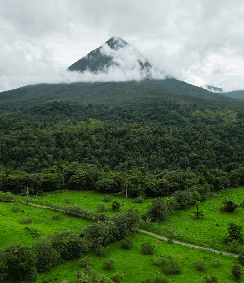 drone photo of arenal volcano