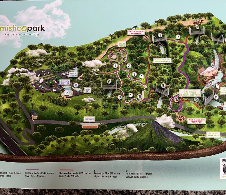 map of the mistico hanging bridges park in costa rica