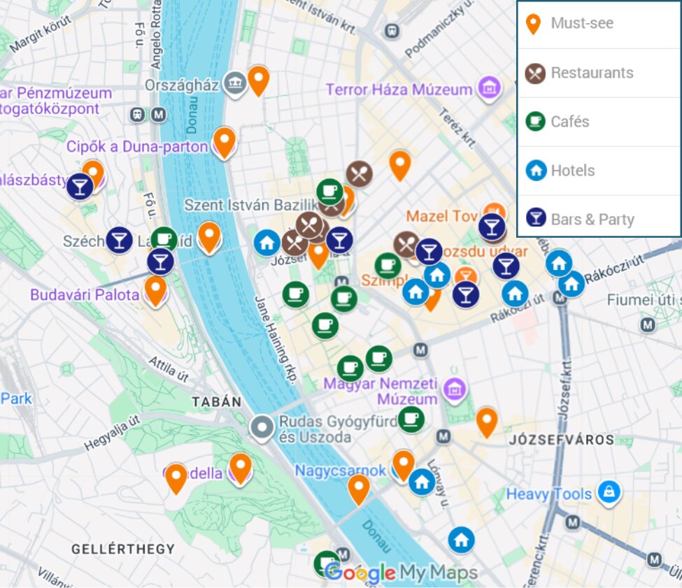 budapest map with must-see spots, restaurants, cafes, bars and more